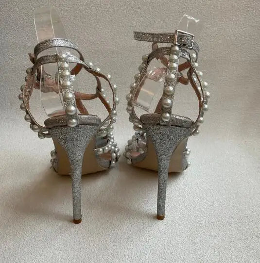 Silver Glitter Pearl Decor T Strap Sandals for Women