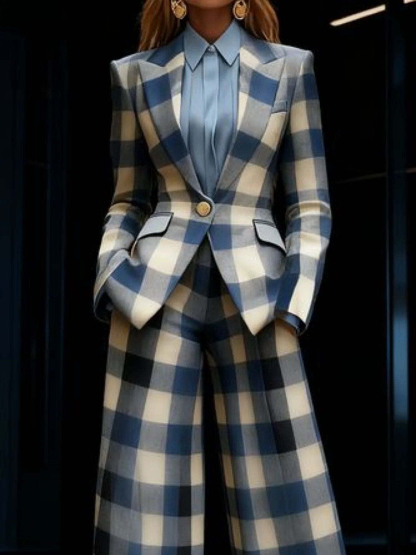 Plaid Print Lapel Single Button Blazer And High Waist Wide Leg Pants Two Piece Formal Business Matching Suit For Women Office Outfit Set