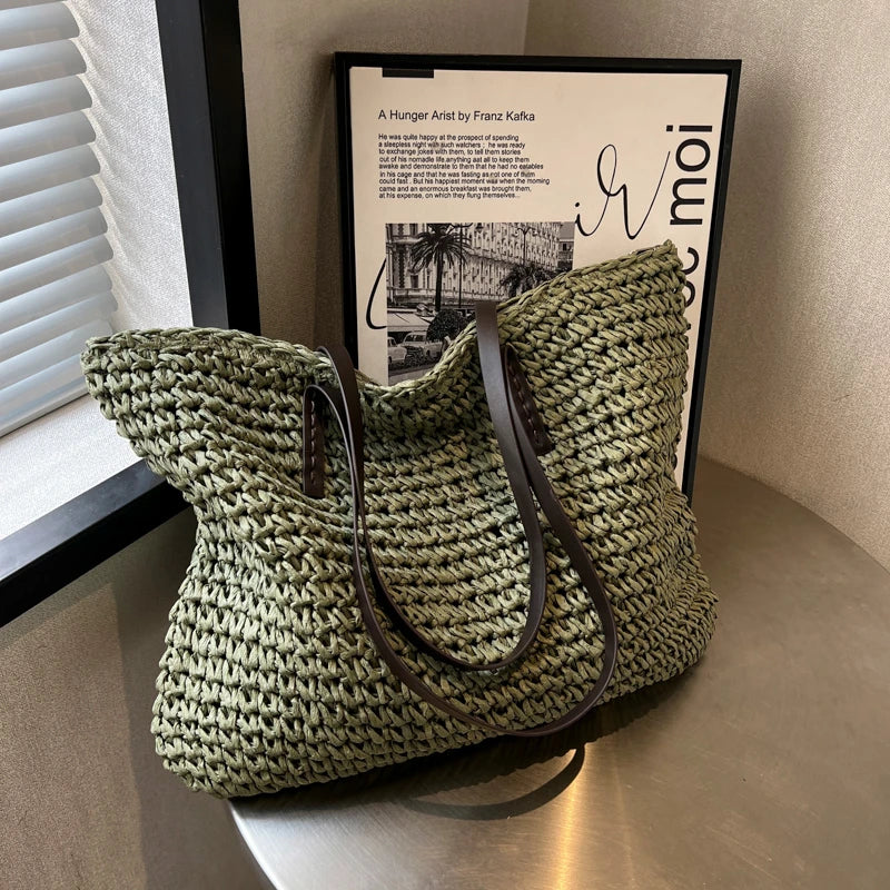 Large Capacity Straw Woven Shoulder Tote Bag for Women