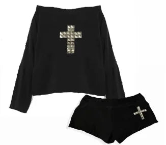 Y2k casual and fashionable cross diamond design one-shoulder top women's top summer hot girl style long-sleeved top shorts set