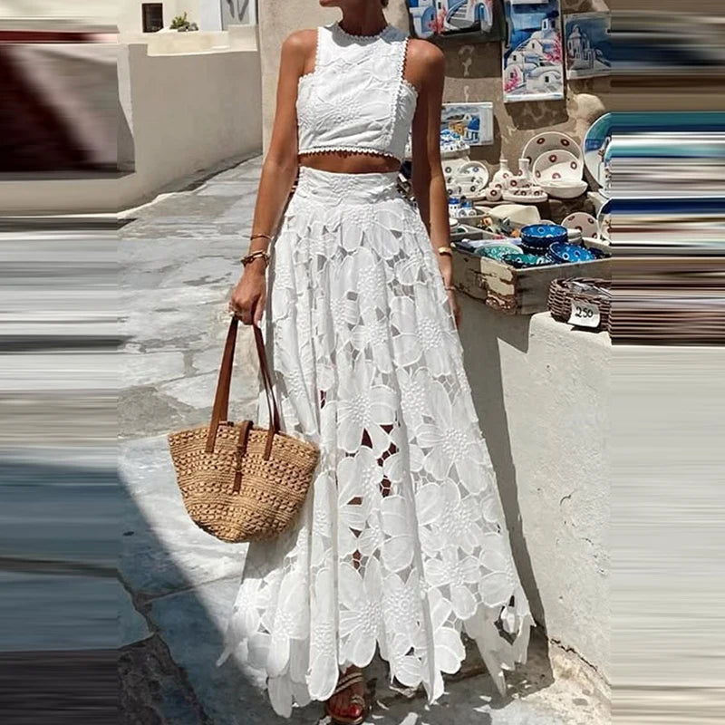 Spring Summer Holiday Boho Outfit Women Sexy O Neck Sleeveless Crop Top & Maxi Skirts Set 2025 Fashion Embroidery Lace 2pcs Suit