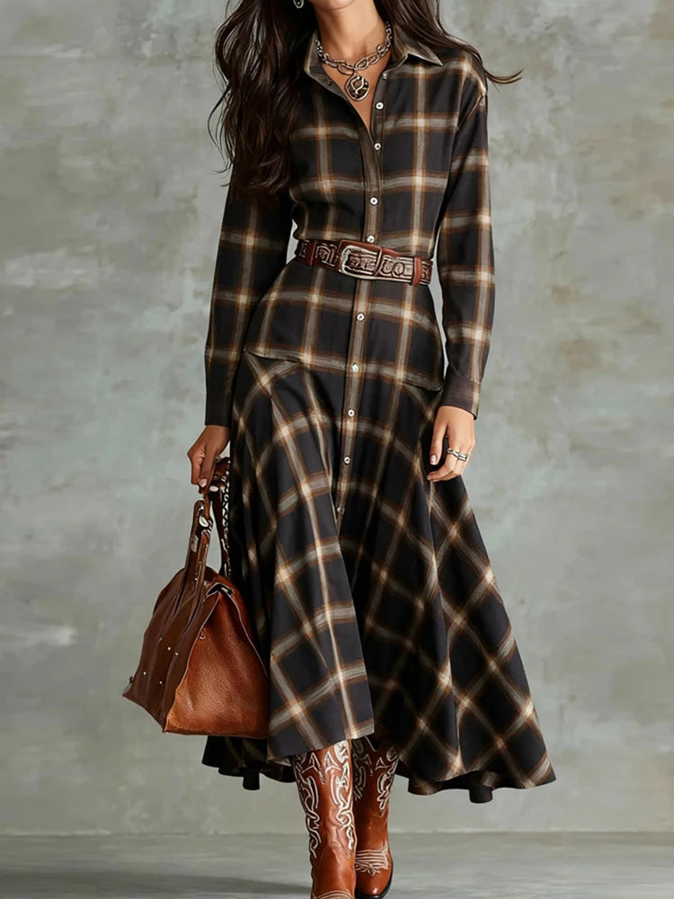 V Neck Printed Patchwork Long Sleeve Maxi Dress for Women