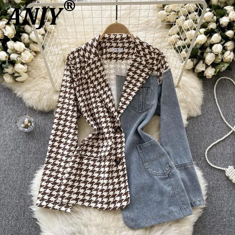 ANJY Autumn New Women Vintage Streetwear Ins Stylish Denim Patchwork Single Breasted Coat Casual Elegant Asymmetric Blazer A8421