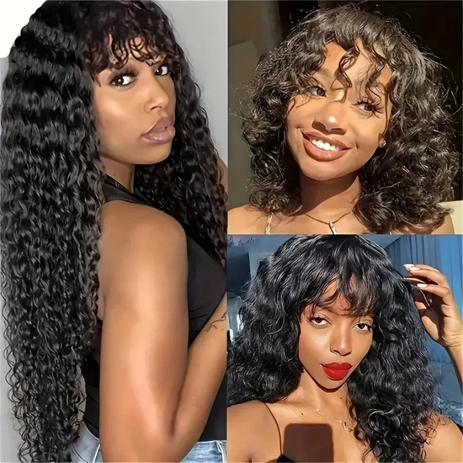 Water Wave Glueless Human Hair Wig With Bangs for Women