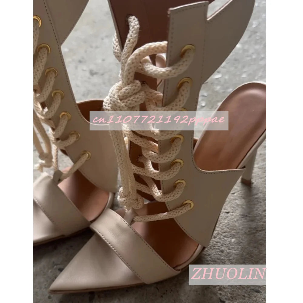 Apricot Leather Lace Up High Heel Sandals for Women