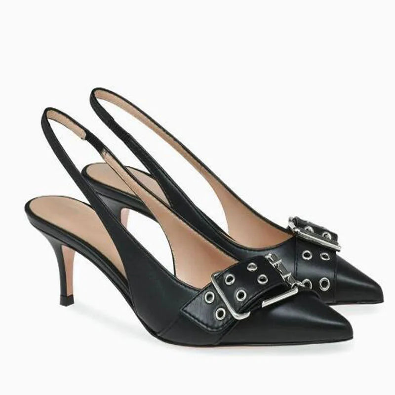 Matte Leather Big Buckle Kitten Heel Slingback Sandals for Women