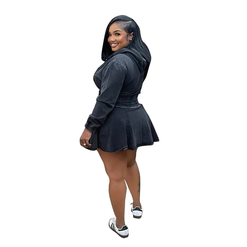 Hooded Denim Crop Top And Pleated Skirt Set for Women