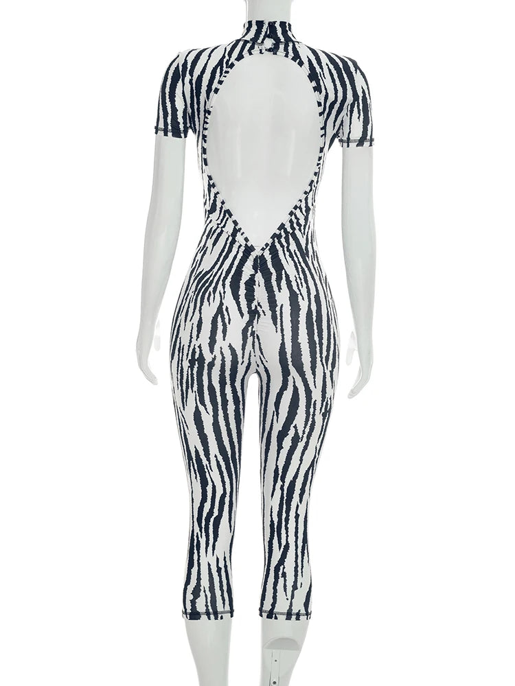 Printed Backless Stretch Turtleneck Romper for Women
