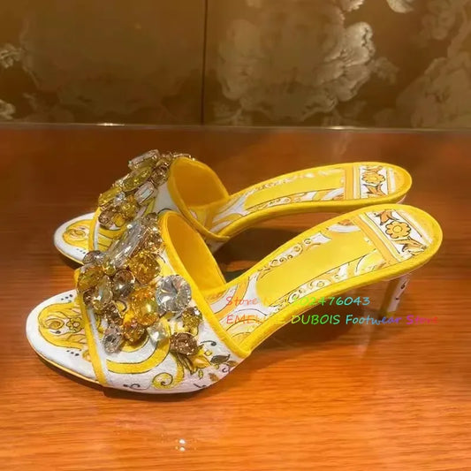 Flower Print Crystal High Heel Mules Women Open Toe Rhinestone Stiletto Heel Med Heel Slippers Elegant Outside Dress Shoes