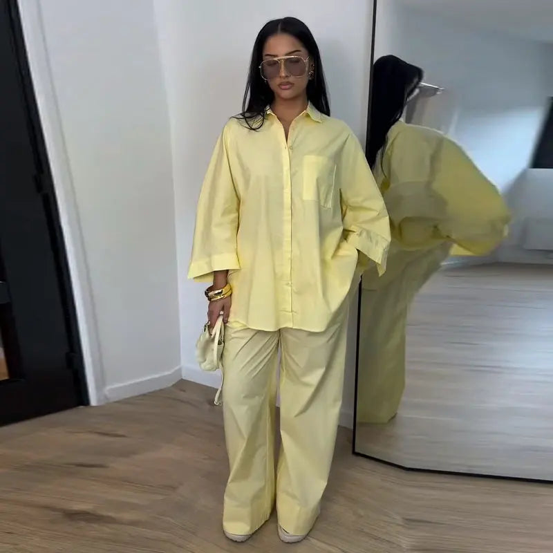 Casual Solid Shirt and Wide Leg Pants Set for Women
