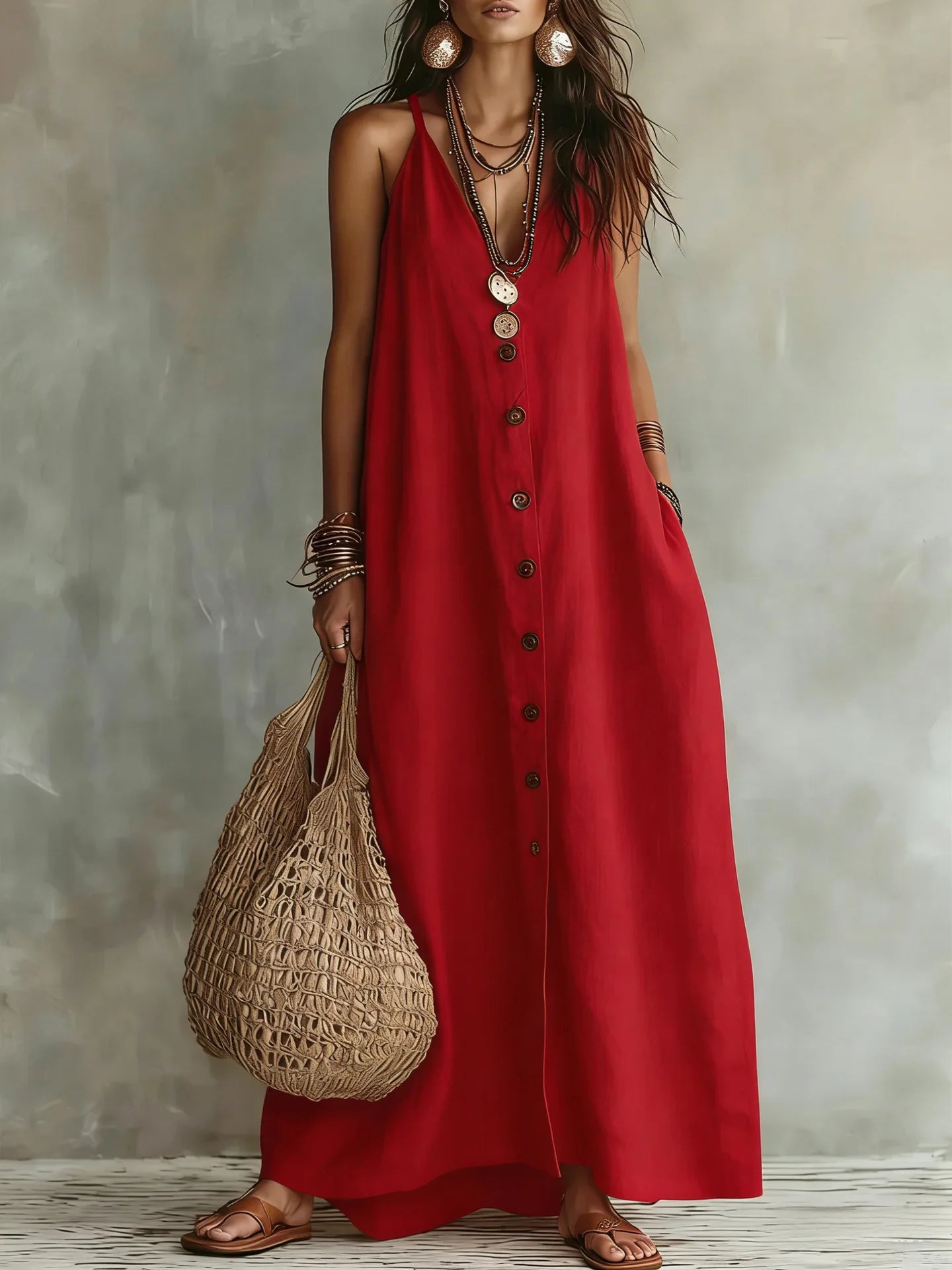 Spaghetti Strap V Neck Front Button Pocket Linen Maxi Dress for Women