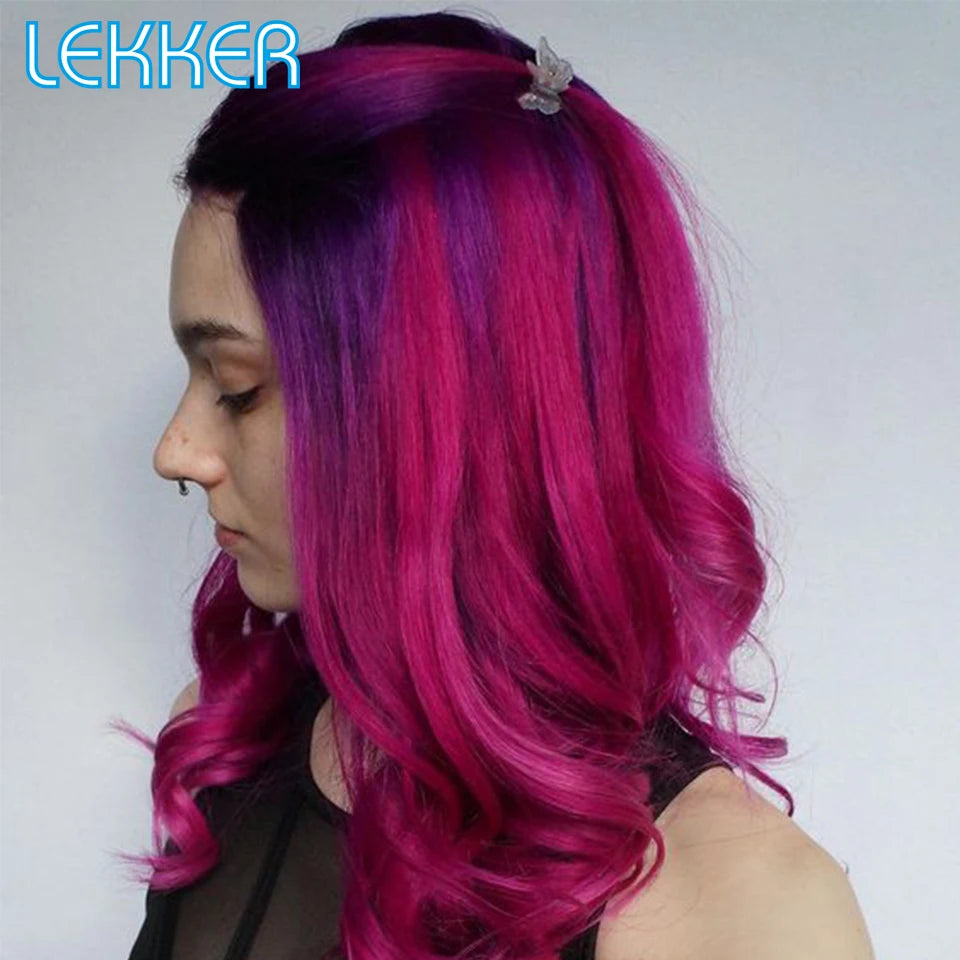 Long Purple Body Wave Human Hair Wig With Bangs for Women