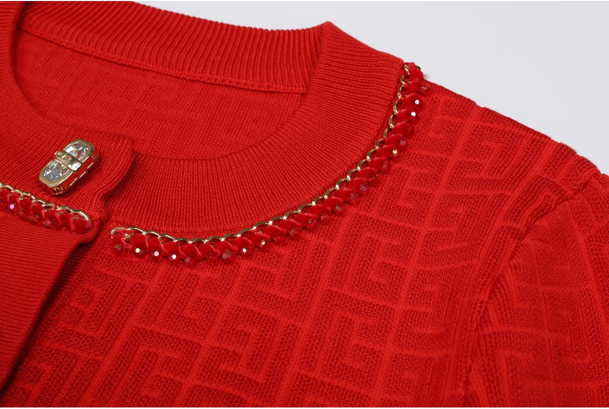 High-End Fashion Knitted Dress Set Autumn New Long Sleeve Single-Breasted Cardigan Coat Suspender Dress Women Two-Piece Set