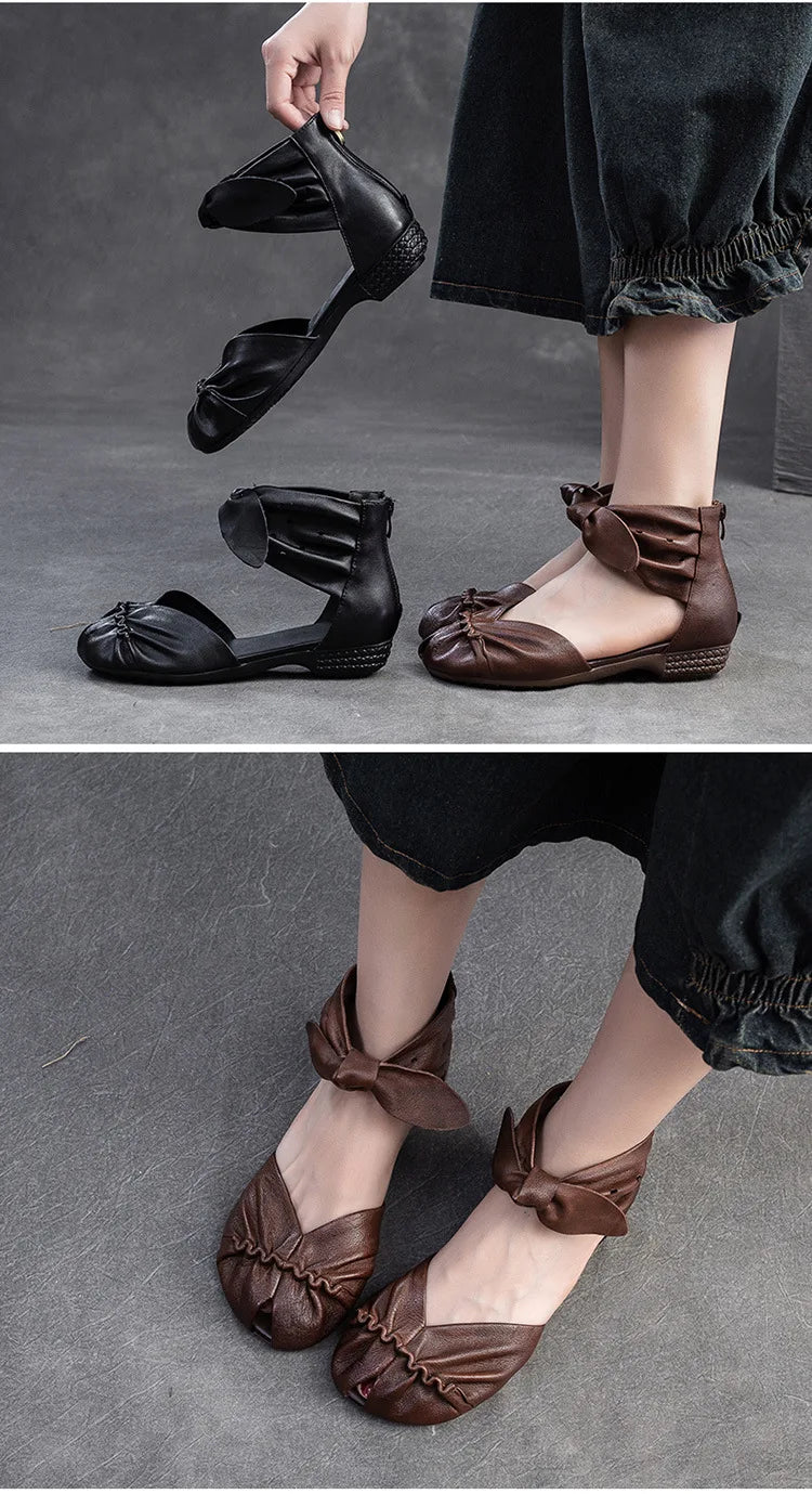 Genuine Leather Breathable Low Heel Peep Toe Sandals for Women