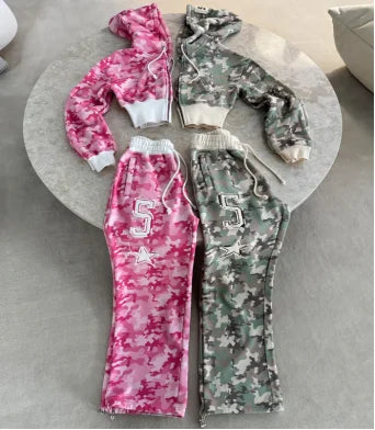 American hot girl casual pink camouflage versatile short slim zipper hooded sweatshirt loose straight sweatpants two-piece set