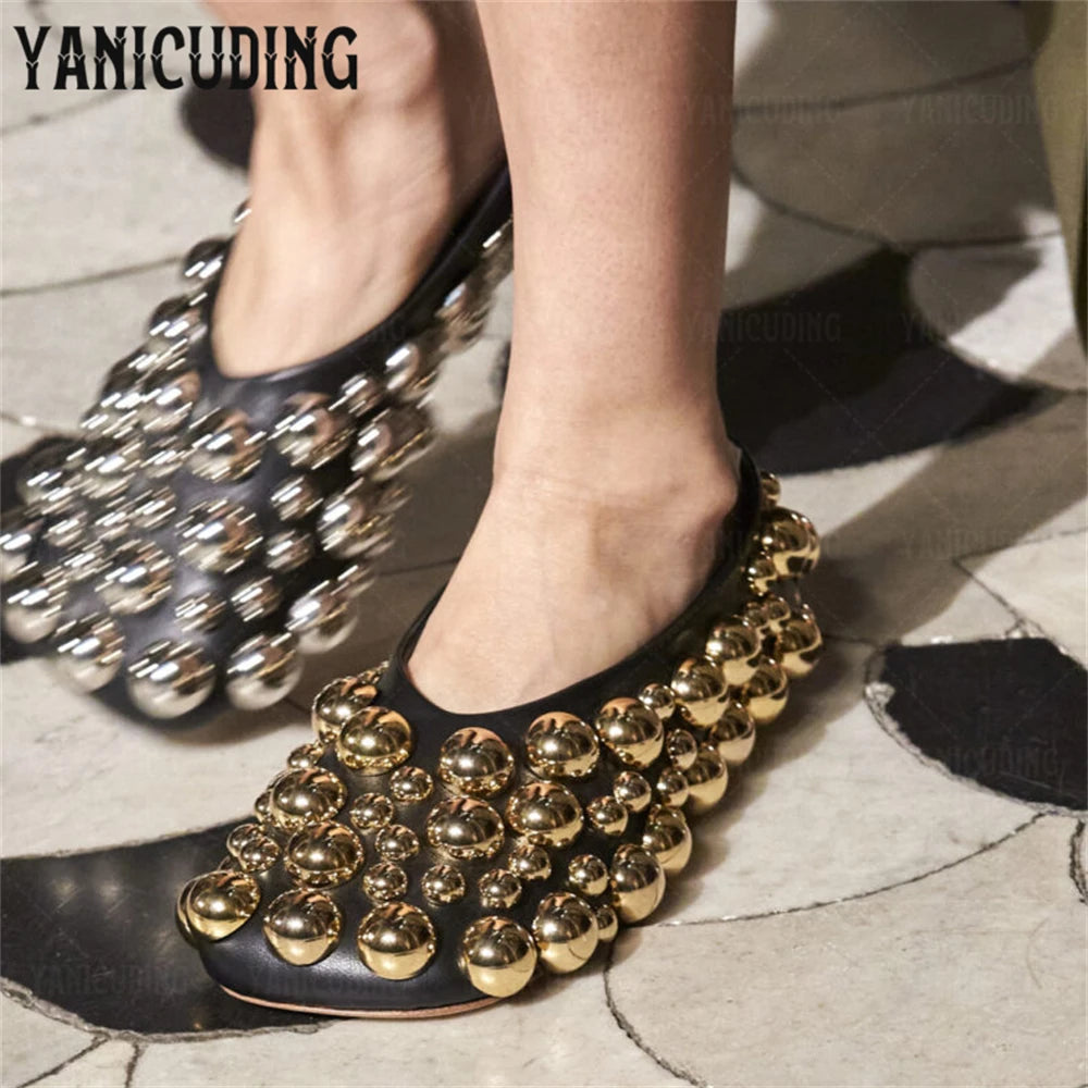Metallic Stud Embellished Square Toe Ballet Flats for Women