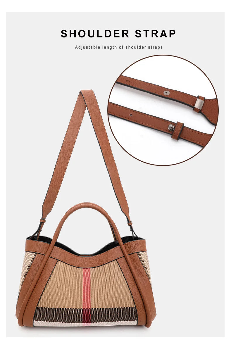 Retro Checkered Large Capacity Canvas And Leather Handbag for Women