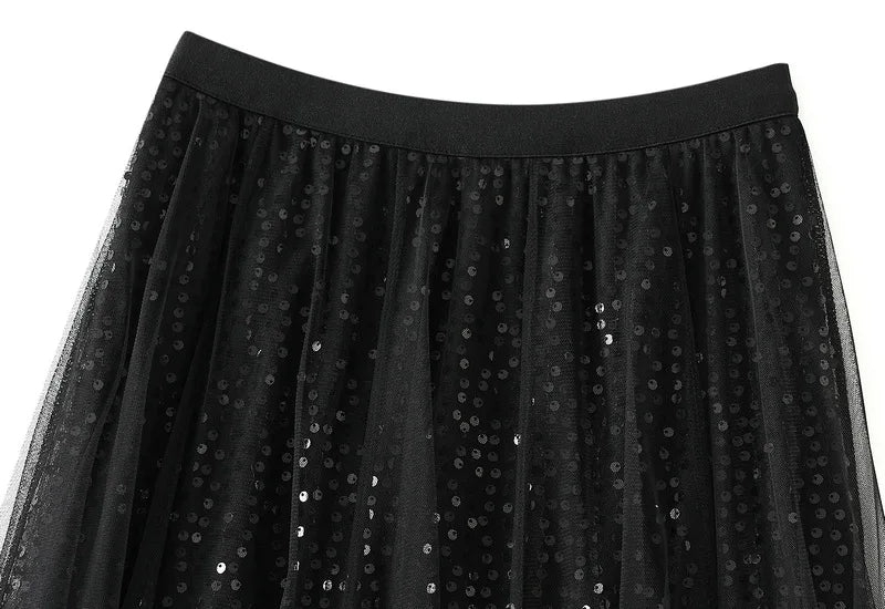 Sparkling Mesh A-Line Pleated Knee-Length Skirt for Women