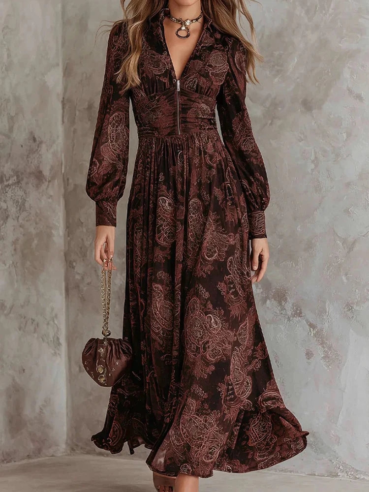 V Neck Printed Patchwork Long Sleeve Maxi Dress for Women