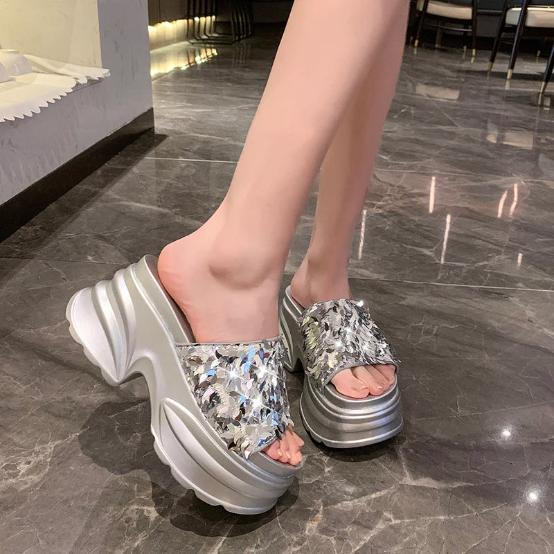 Metallic Sequined Platform Wedge Sandals for Women