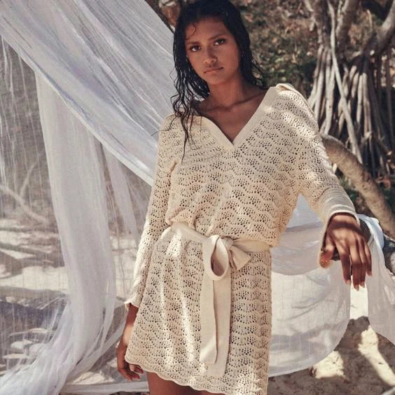 Sexy Shirt V-neck Bell Sleeve Hollow Out Knitted Belted Beach Mini Dress 2025 Summer Swimsuit Cover Up Women's Casual Outfit K16