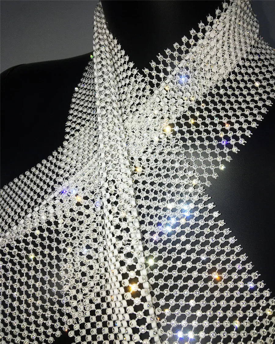 Rhinestone Fishnet Backless Halter Crop Top for Women