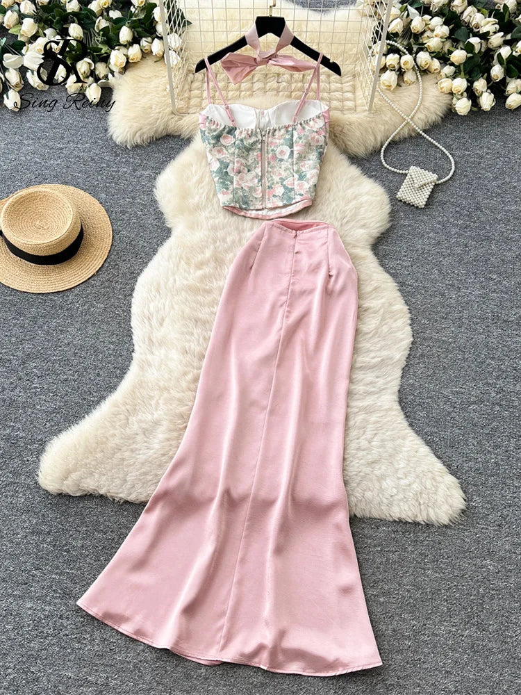 Bow Floral Satin Cami And Mermaid Skirt Set for Women