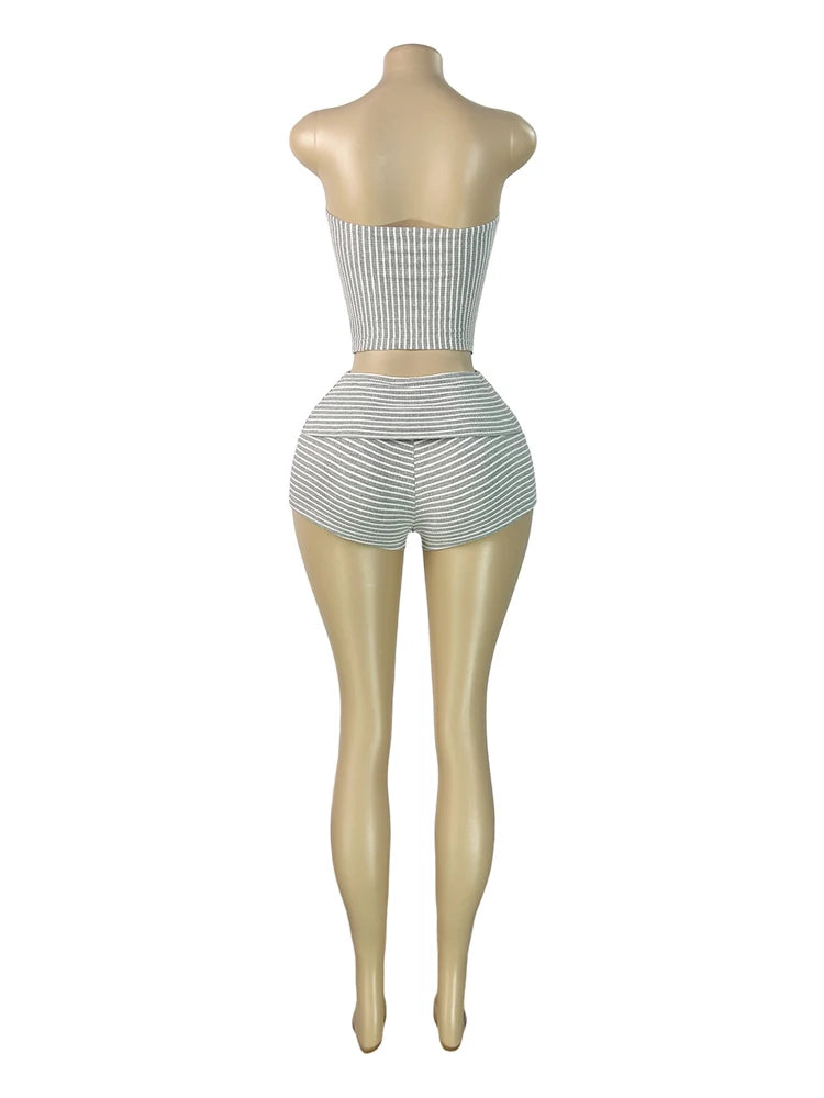 Ribbed Knit Tube Top and Fold Waist Shorts Set for Women