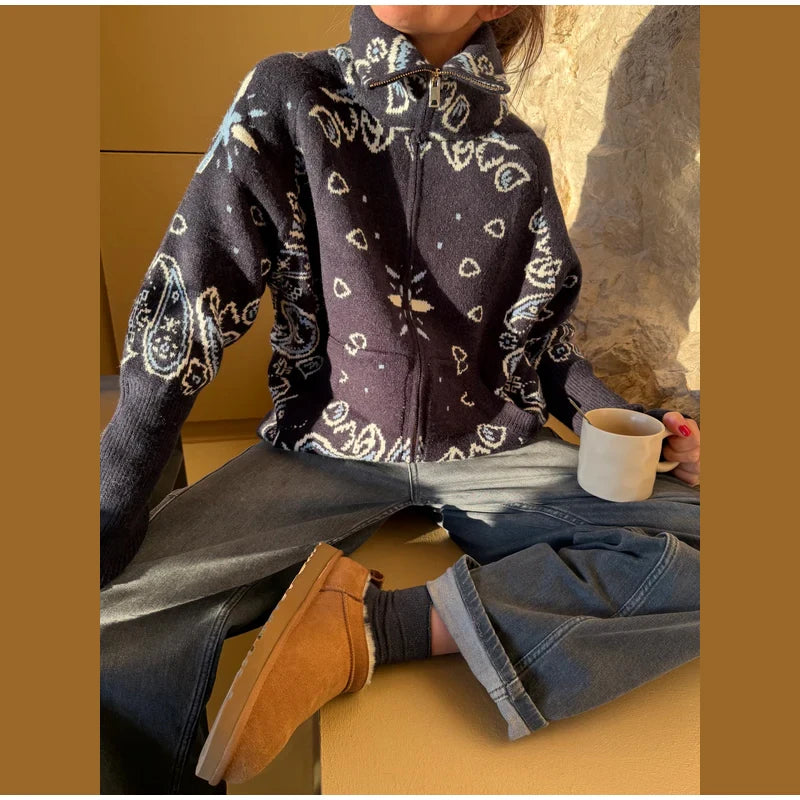 Vintage Printed Knit Stand Collar Zip Cardigan for Women