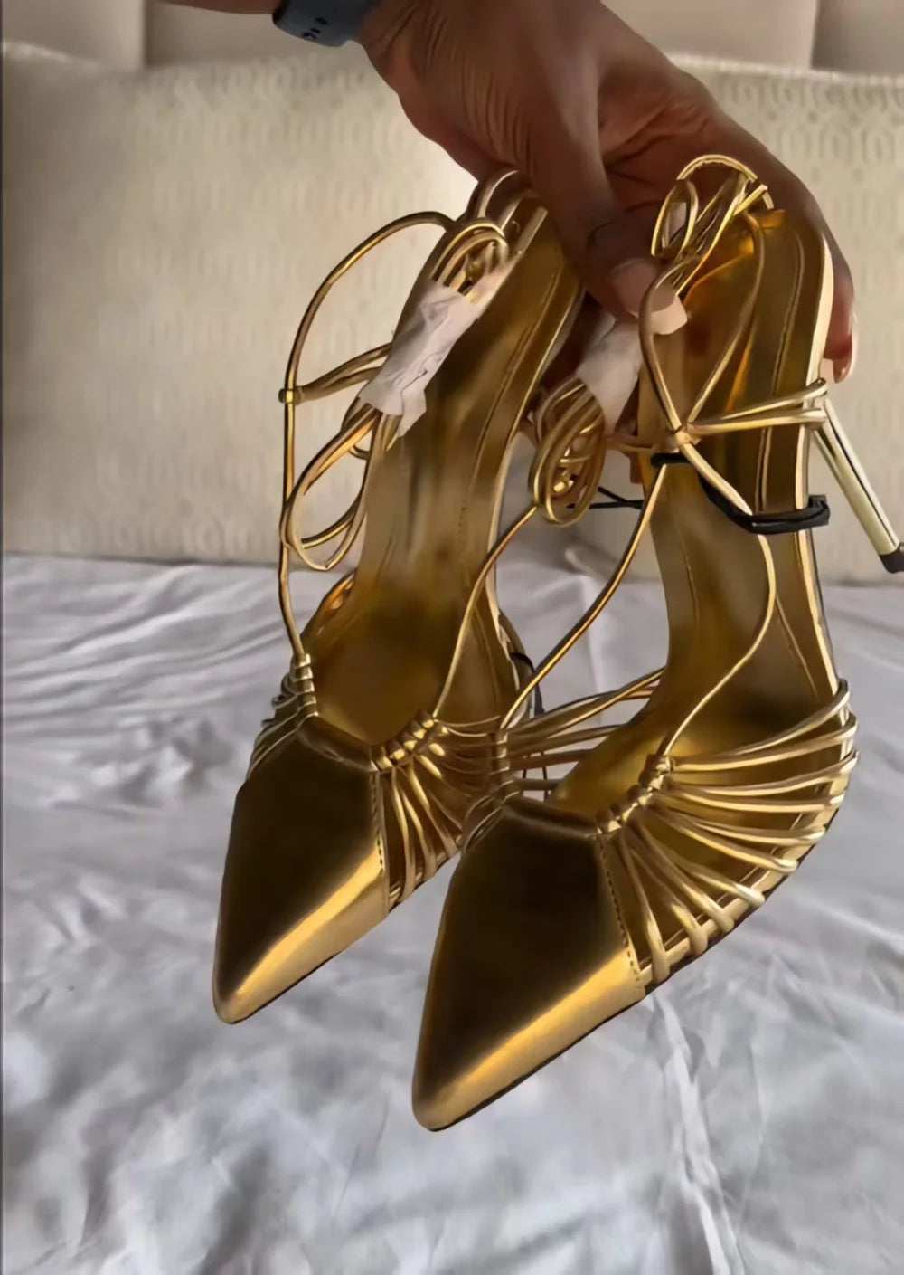 Gold Pointed Toe Ankle Strap Sandals