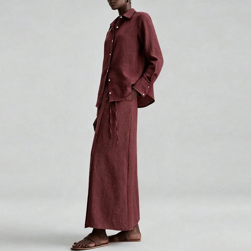 Loose Lapel Two Piece Shirt And Skirt Set for Women