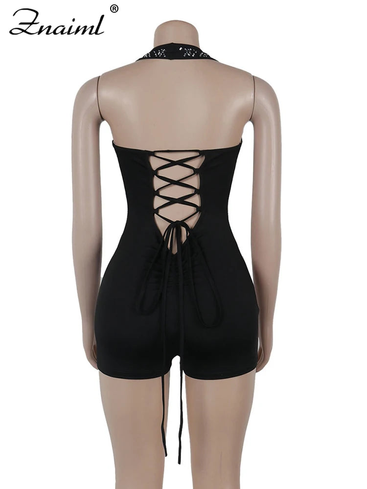 Znaiml Gorgeous Deep V Neck Rhinestone Halter Bandage Playsuits Women Crystal Short Jumpsuits Rompers Night Club Birthday Party