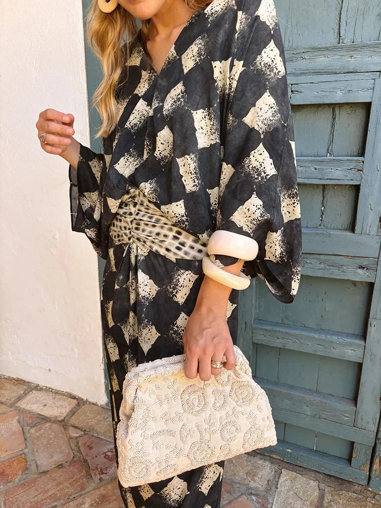 Casual Patchwork Print V Neck Maxi Dress for Women
