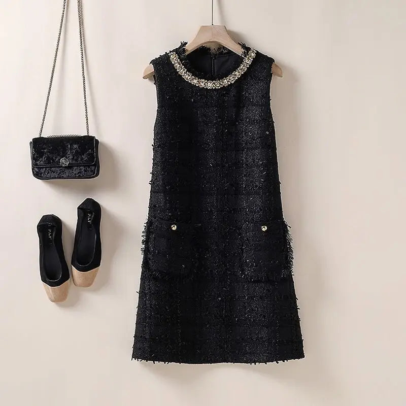 Elegant Tweed Beaded Pocket A-Line Dress for Women