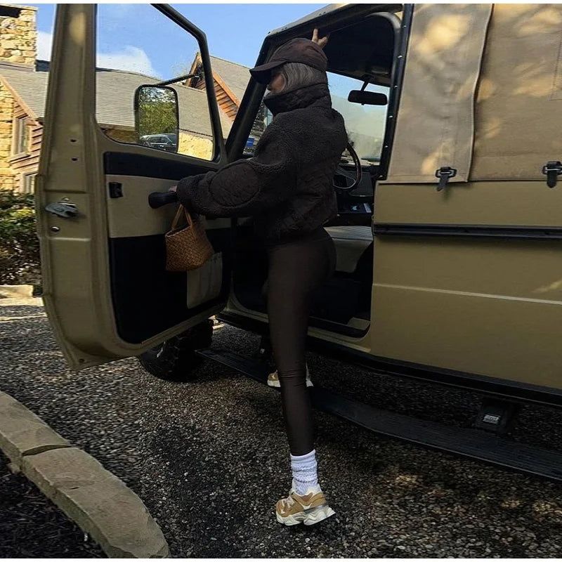 Elegant Lamb Women's Coat Vintage Stand Collar Thicken Full Sleeve Pockets Jacket Female 2025 Autumn Winter Woman Coats Outwears