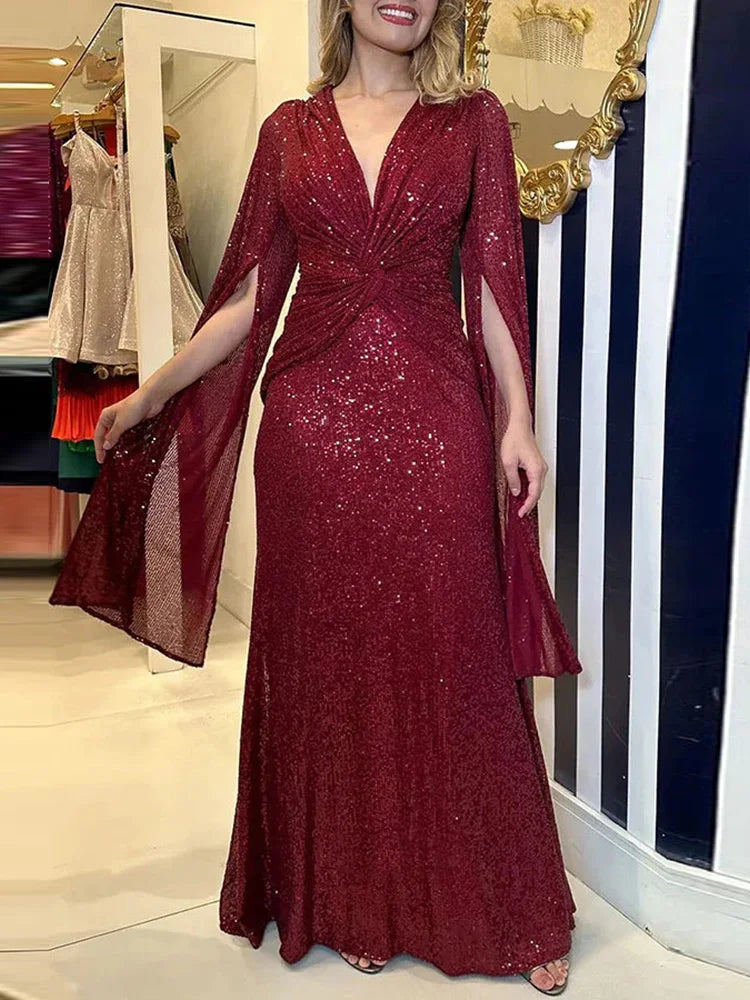 Elegant Sequin V Neck Long Sleeve Floor Length Maxi Dress for Women