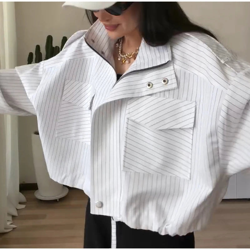 Casual Cropped Jacket With Stand Collar and Drawstring Hem for Women