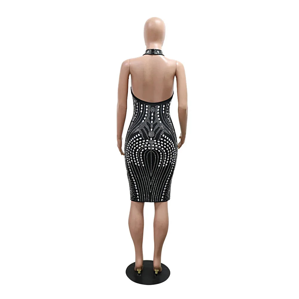 Rhinestone Embellished Sleeveless Bodycon Midi Dress for Women