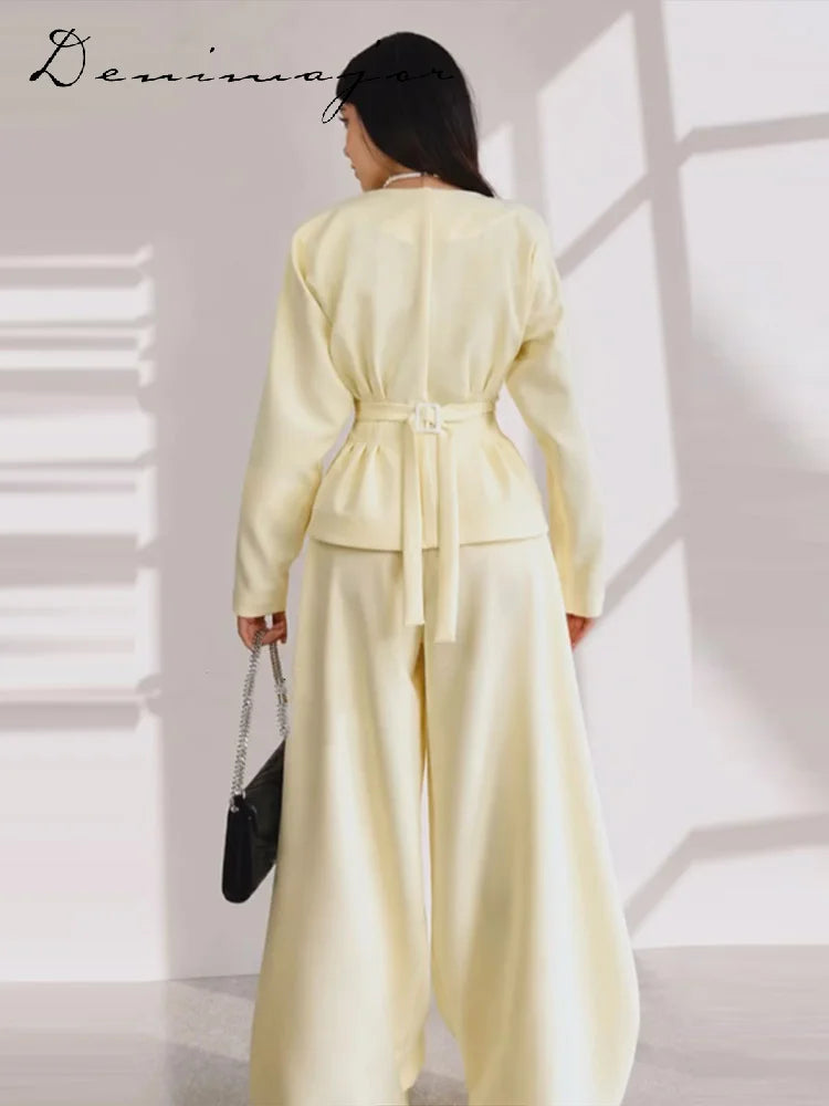 V-Neck Ruffle Coat and Wide Leg Pants Two-Piece Set for Women