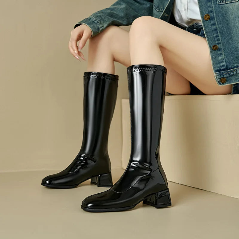 Red Patent Leather Square Toe Knee-High Boots for Women