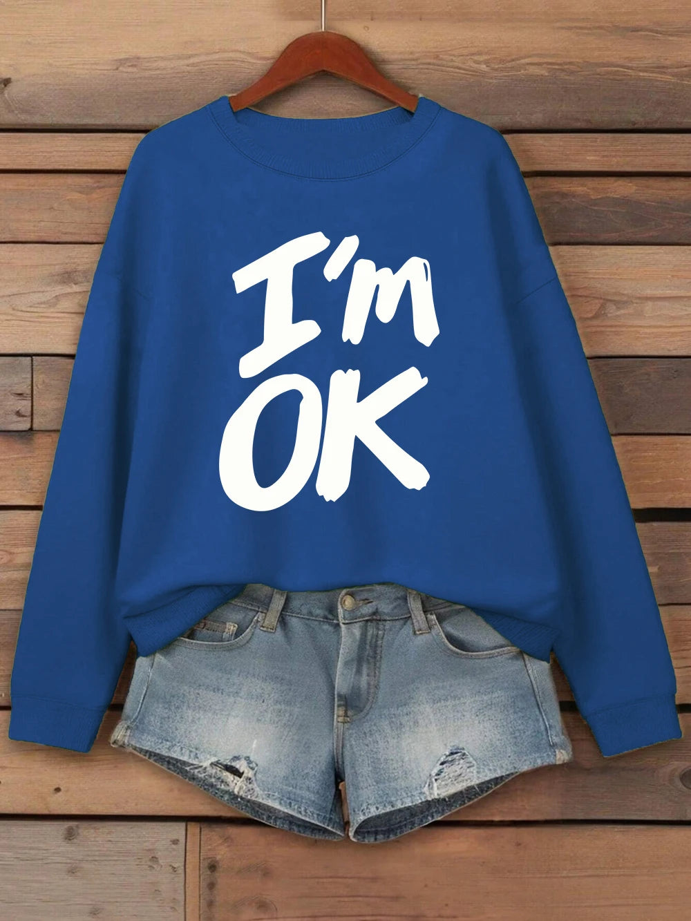 I'M Okay Letter Printed Sweatshirts Womens Autumn Winter Casual Hoodie Fleece Warm Crewneck Pullovers Street Loose Woman Clothes
