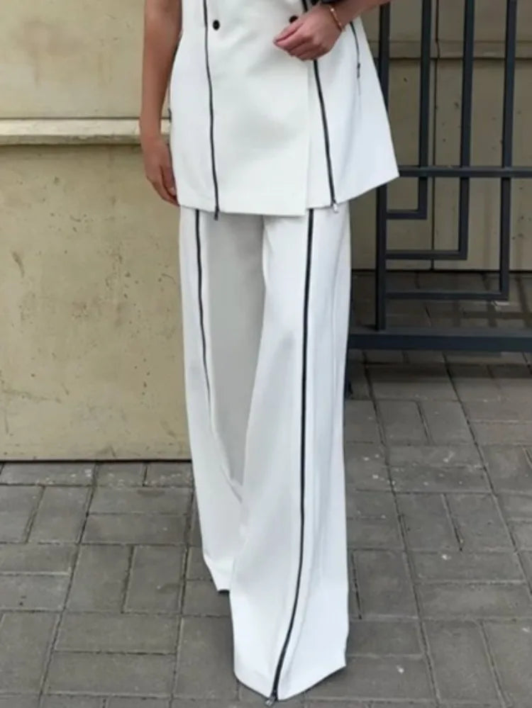 Beautyblue Striped Sports Pants Women Zipper Trousers Summer New White Patchwork High Waist Wide-leg Bottom Office Commute Pant