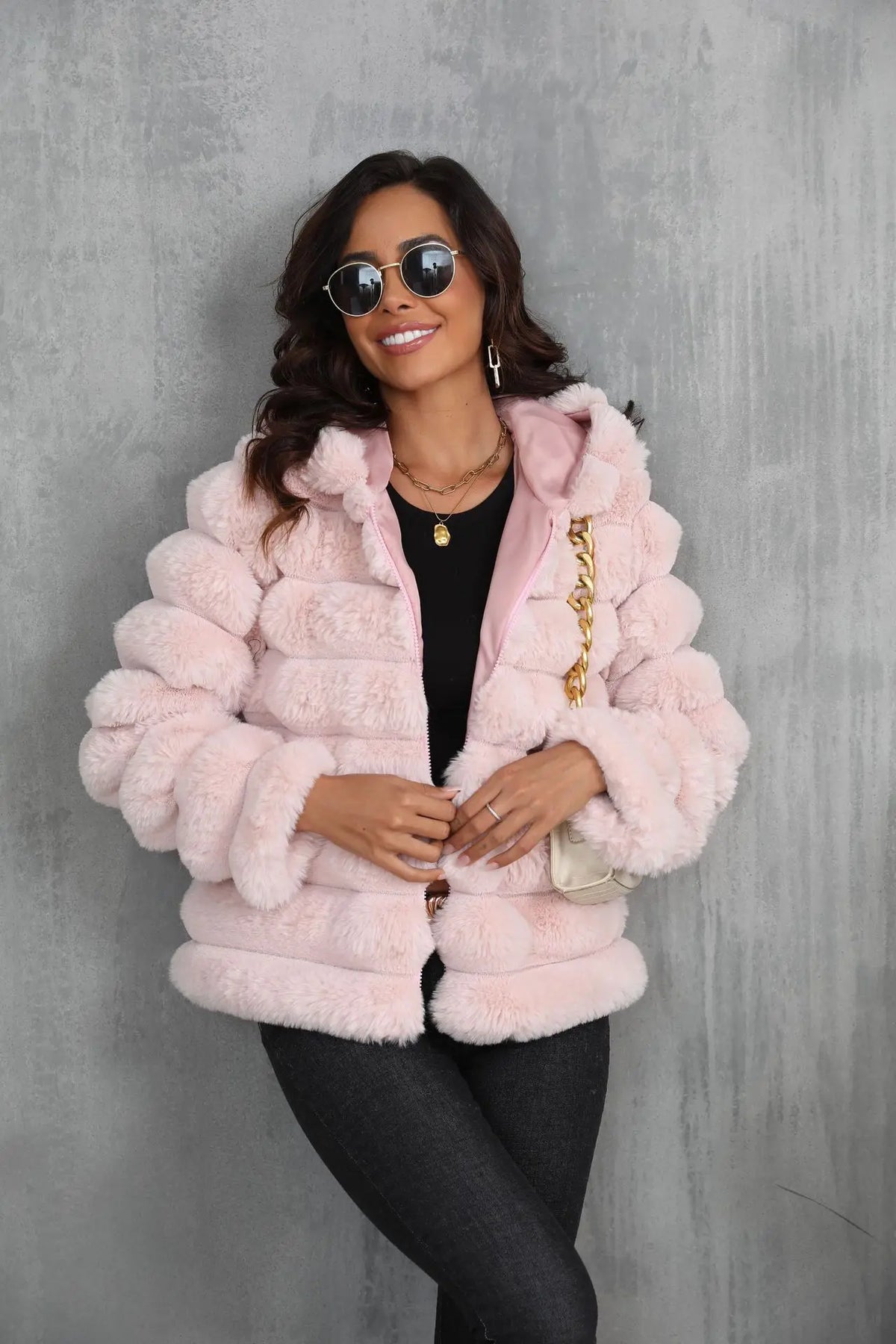 Warm Hooded Short Faux Fur Coat With Turn Down Collar for Women