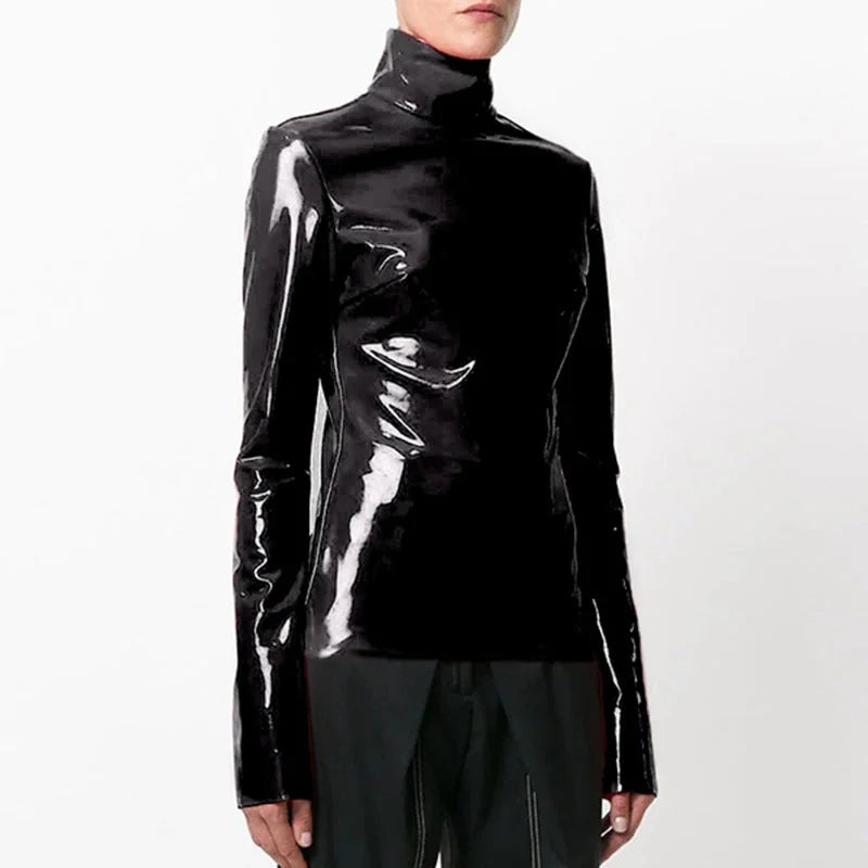 Faux Patent Leather Turtleneck Top