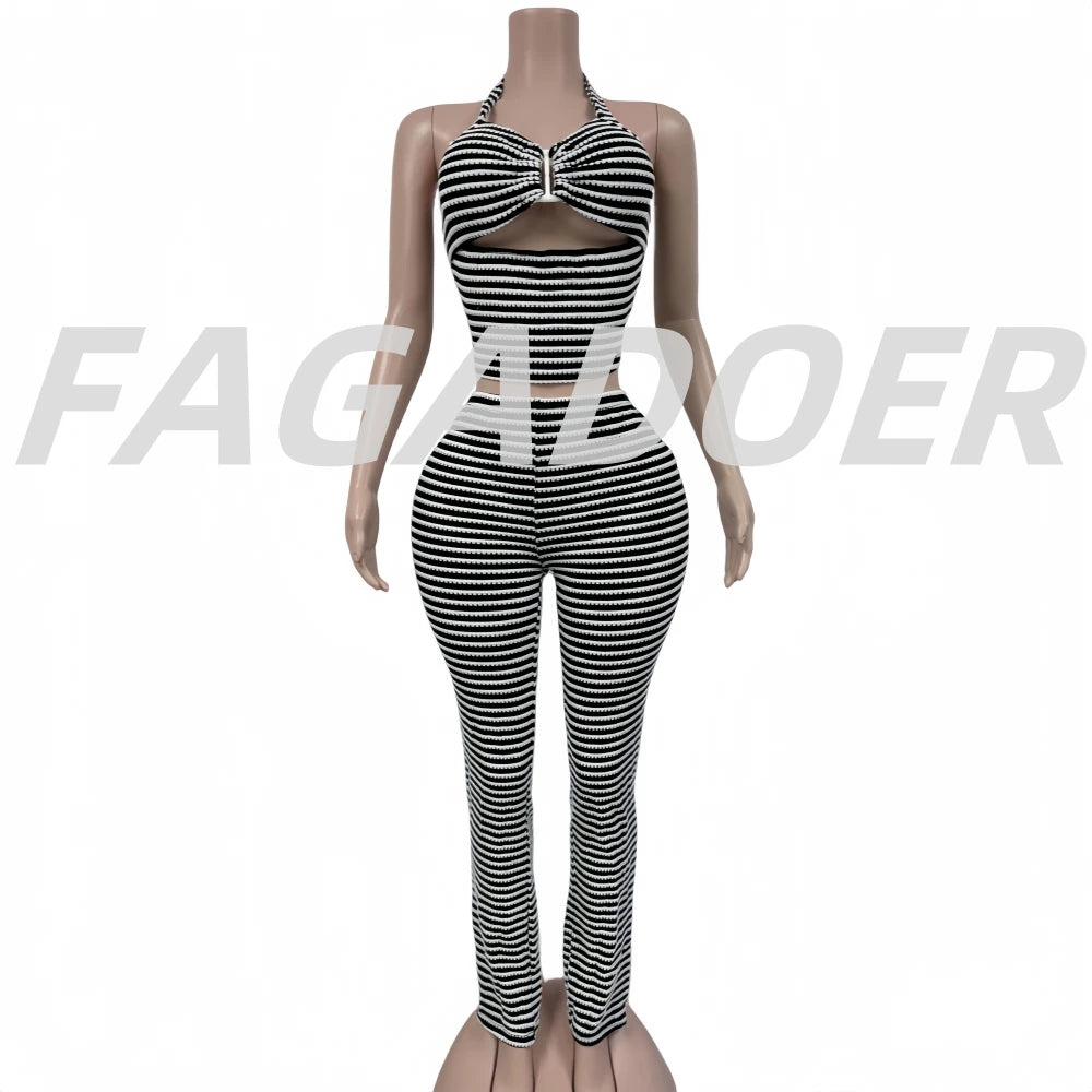 FAGADOER Sexy Stripe Patchwork Two Piece Outfits Woman Halter Backless Tank Top + Skinny Pants Suits Female Streetwear Clothing