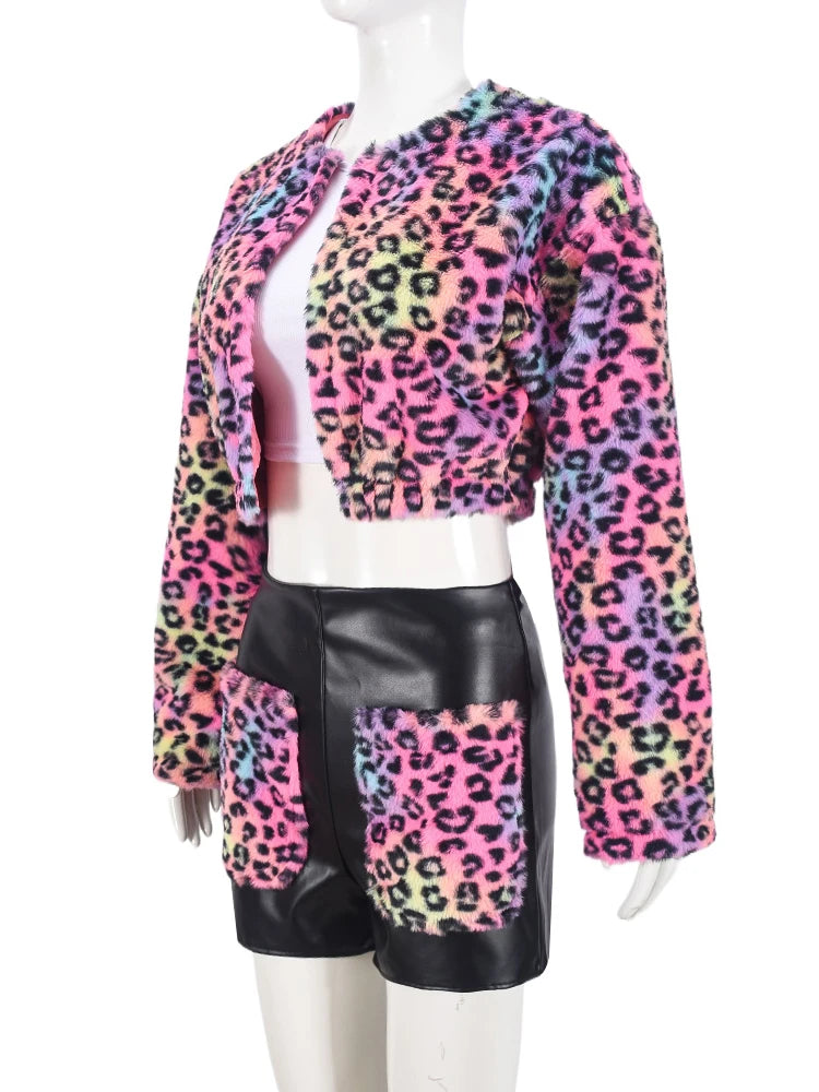 Winter Open Stitch Coats and Patchwork Shorts Two Piece Set for Women