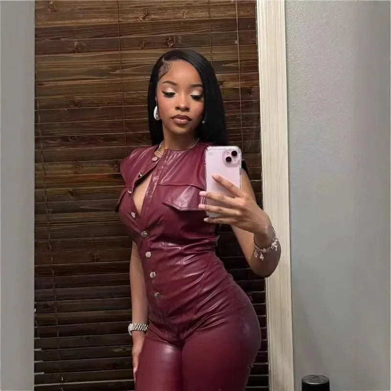 Solid Color Dark Red Wide Leg Pu Leather Jumpsuit for Women
