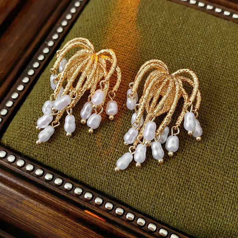 Simulated Pearl Tassel Drop Earrings