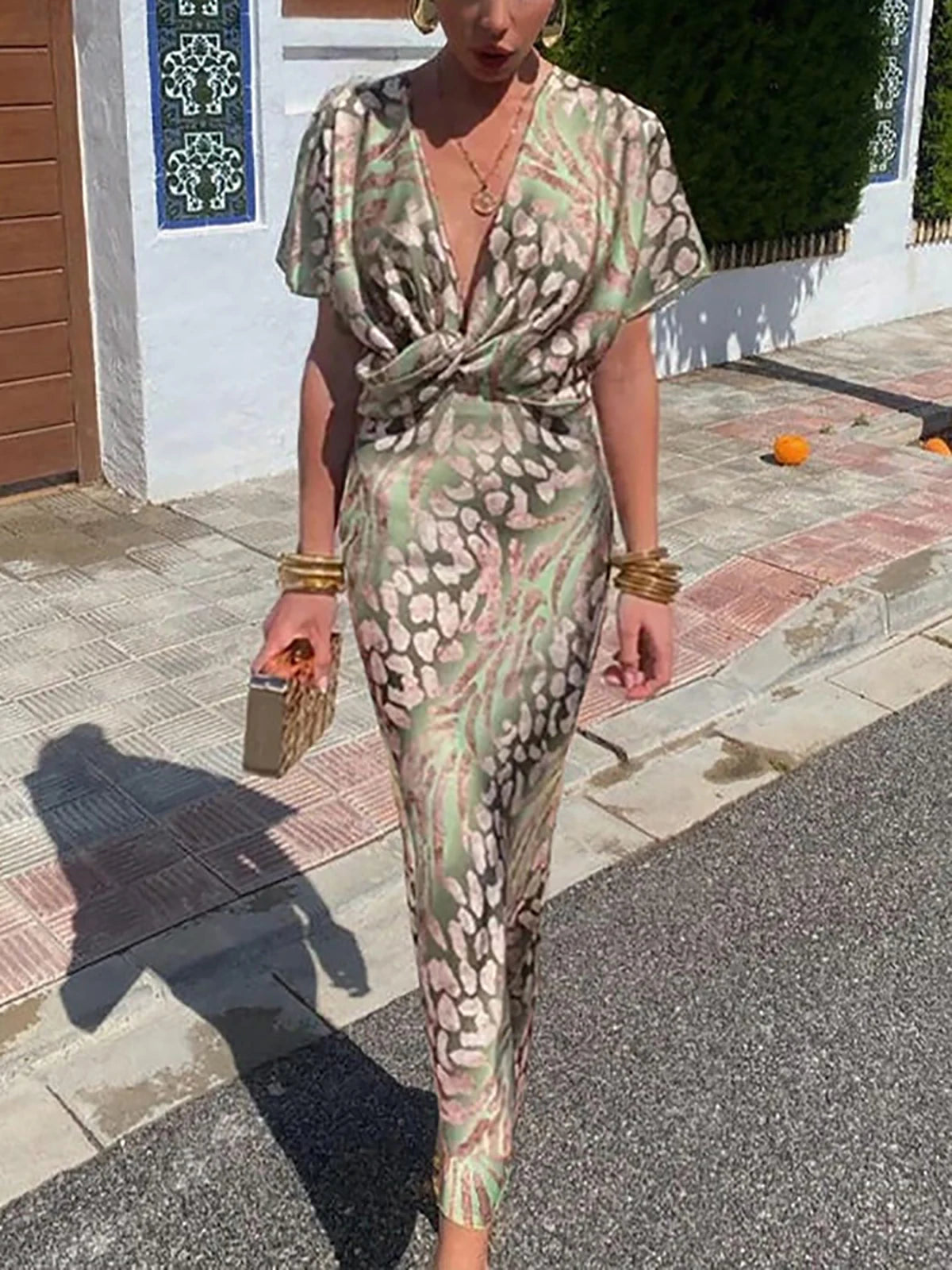 Elegant Satin Leopard Print Bodycon Maxi Dress For Women