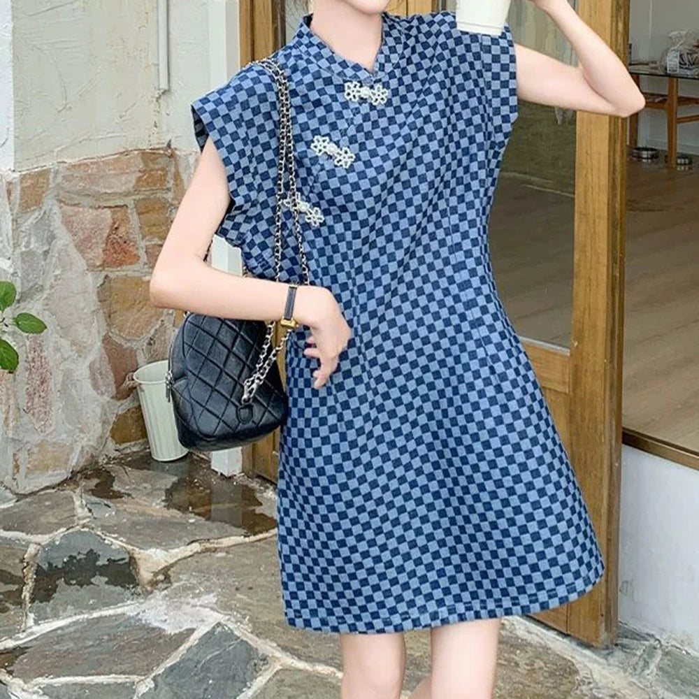 Checkered Ethnic Style Summer Lightweight A Line Dress for Women